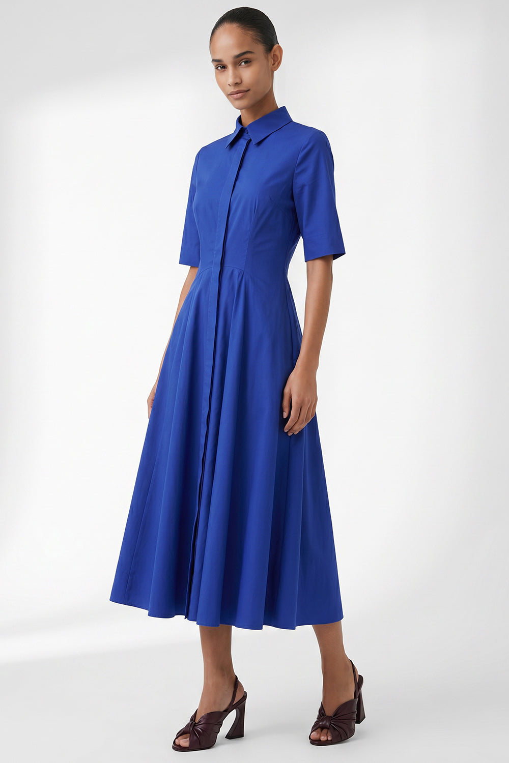 Short Sleeve Buttoned Midi Dress - SAX
