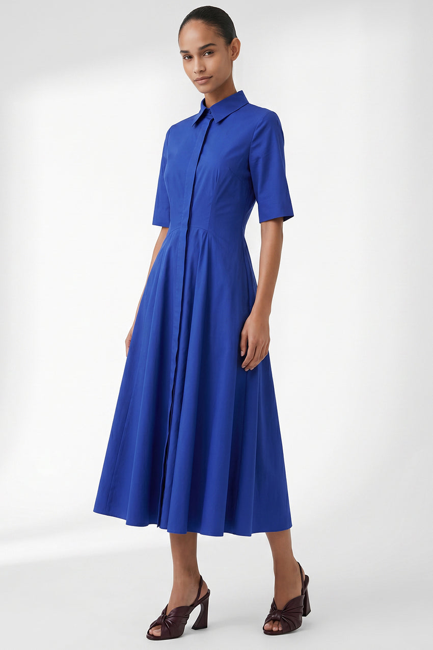 Short Sleeve Buttoned Midi Dress - SAX