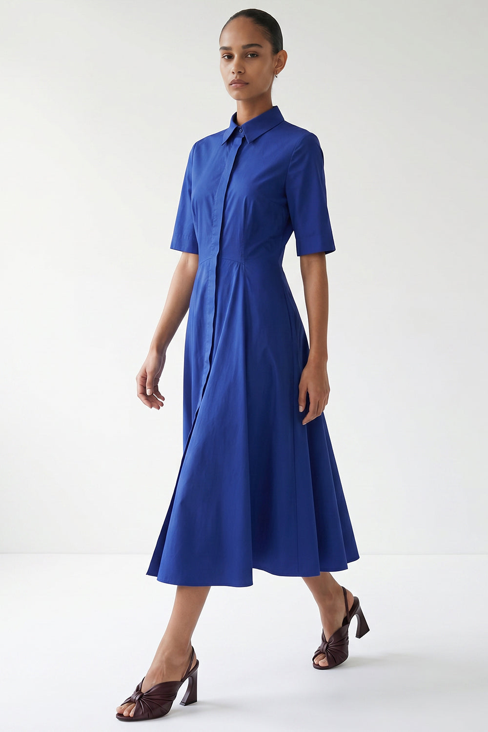 Short Sleeve Buttoned Midi Dress - SAX