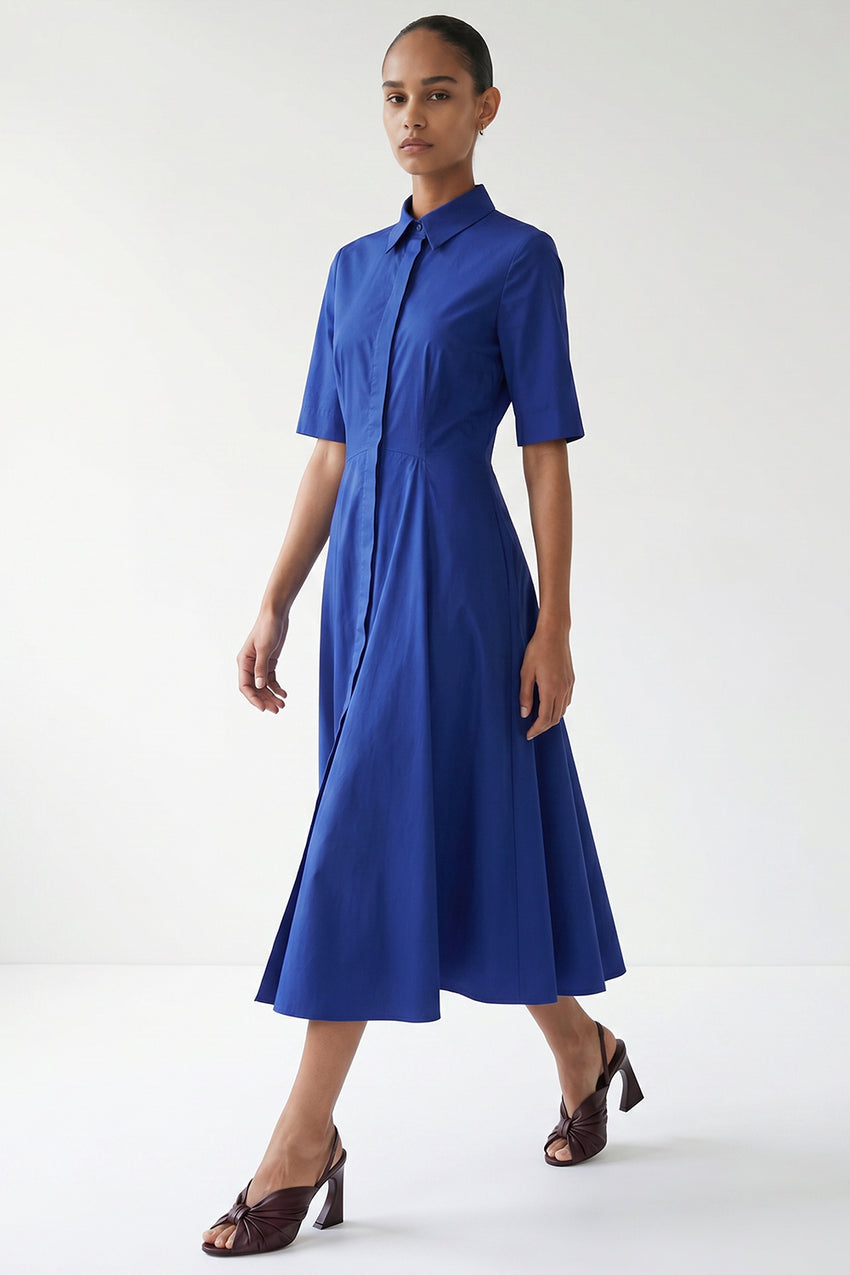 Short Sleeve Buttoned Midi Dress - SAX