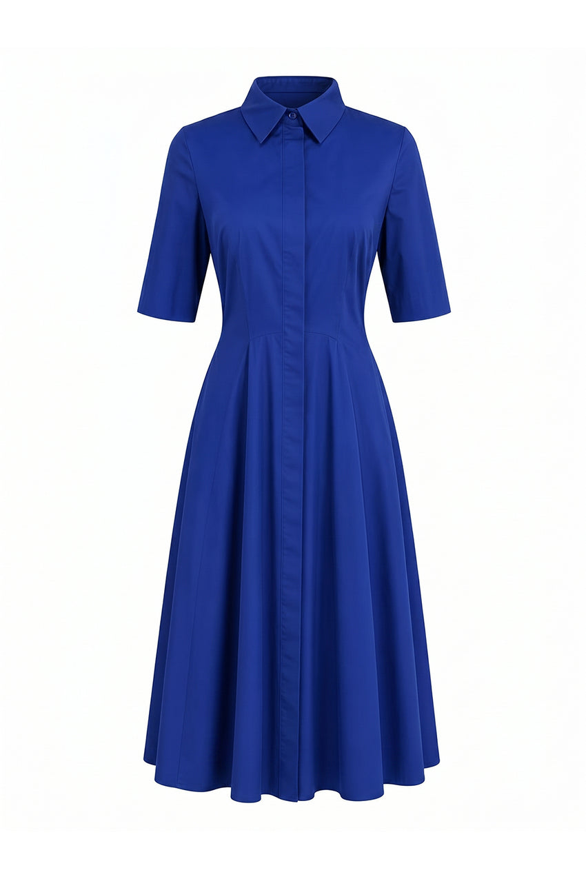 Short Sleeve Buttoned Midi Dress - SAX