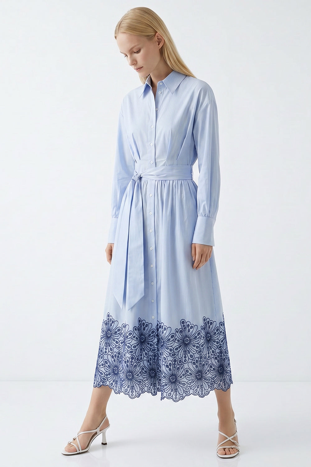 Long Sleeve Broderie Hem Belted Regular Midi Dress - BLUE  BONE