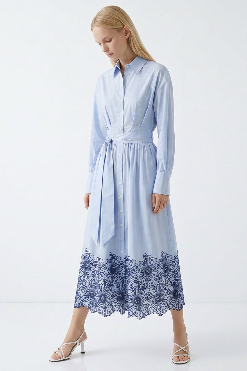 Long Sleeve Broderie Hem Belted Regular Midi Dress - BLUE  BONE