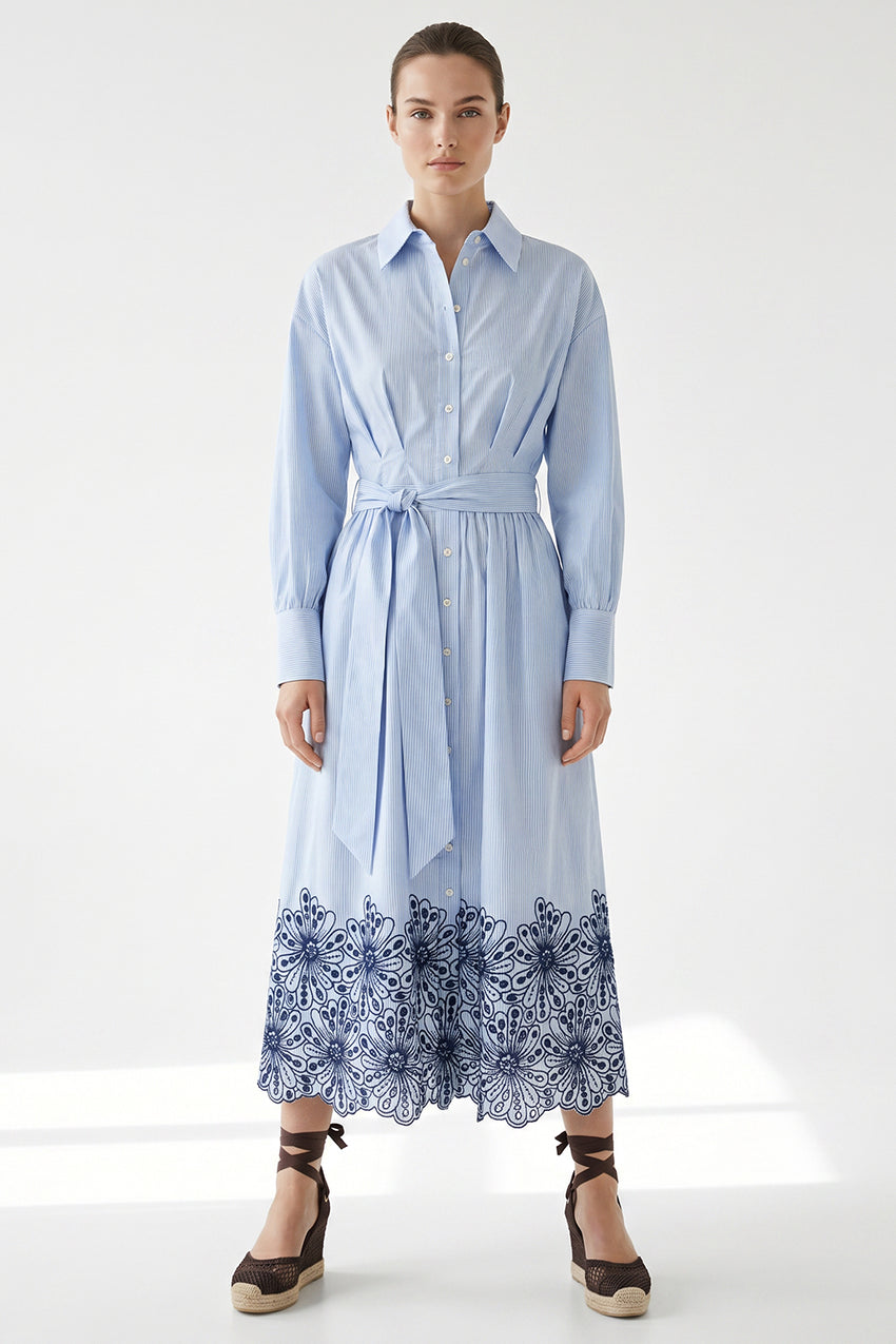 Long Sleeve Broderie Hem Belted Regular Midi Dress - BLUE  BONE