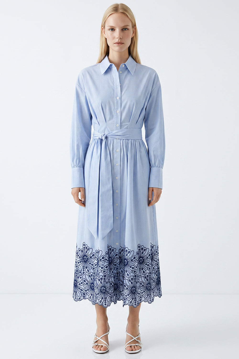 Long Sleeve Broderie Hem Belted Regular Midi Dress - BLUE  BONE