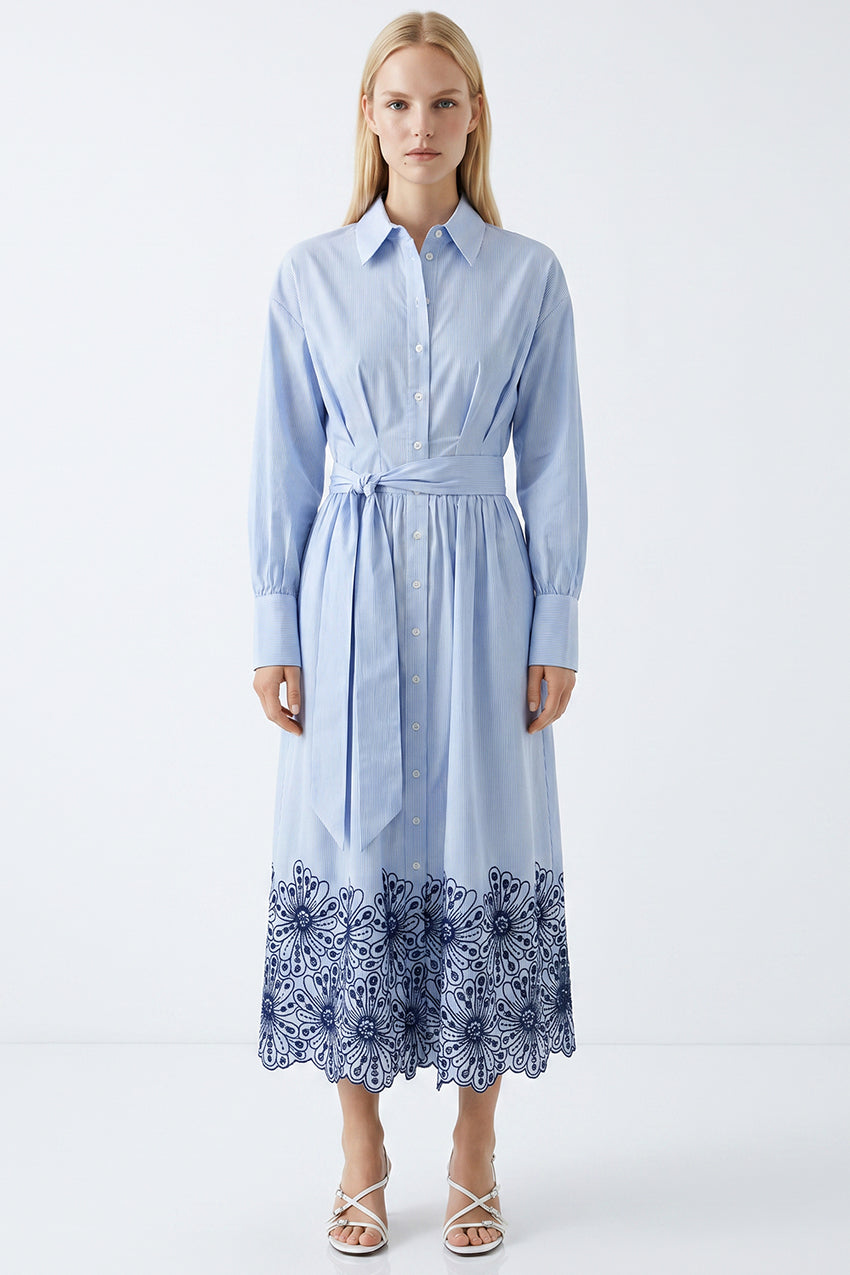 Long Sleeve Broderie Hem Belted Regular Midi Dress - BLUE  BONE