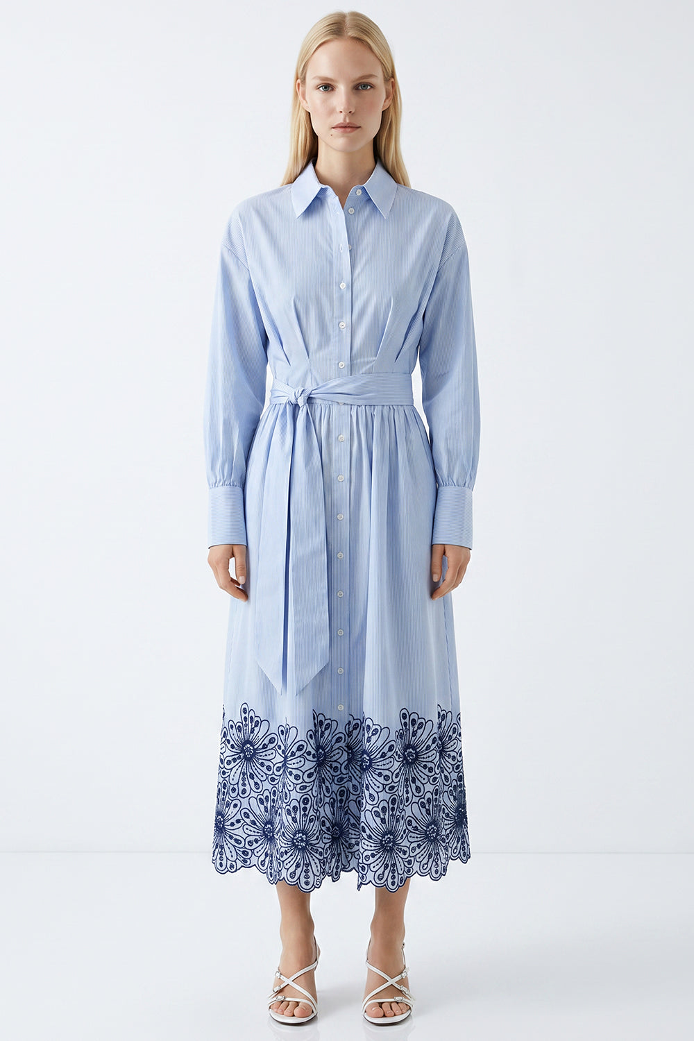 Long Sleeve Broderie Hem Belted Regular Midi Dress - BLUE  BONE