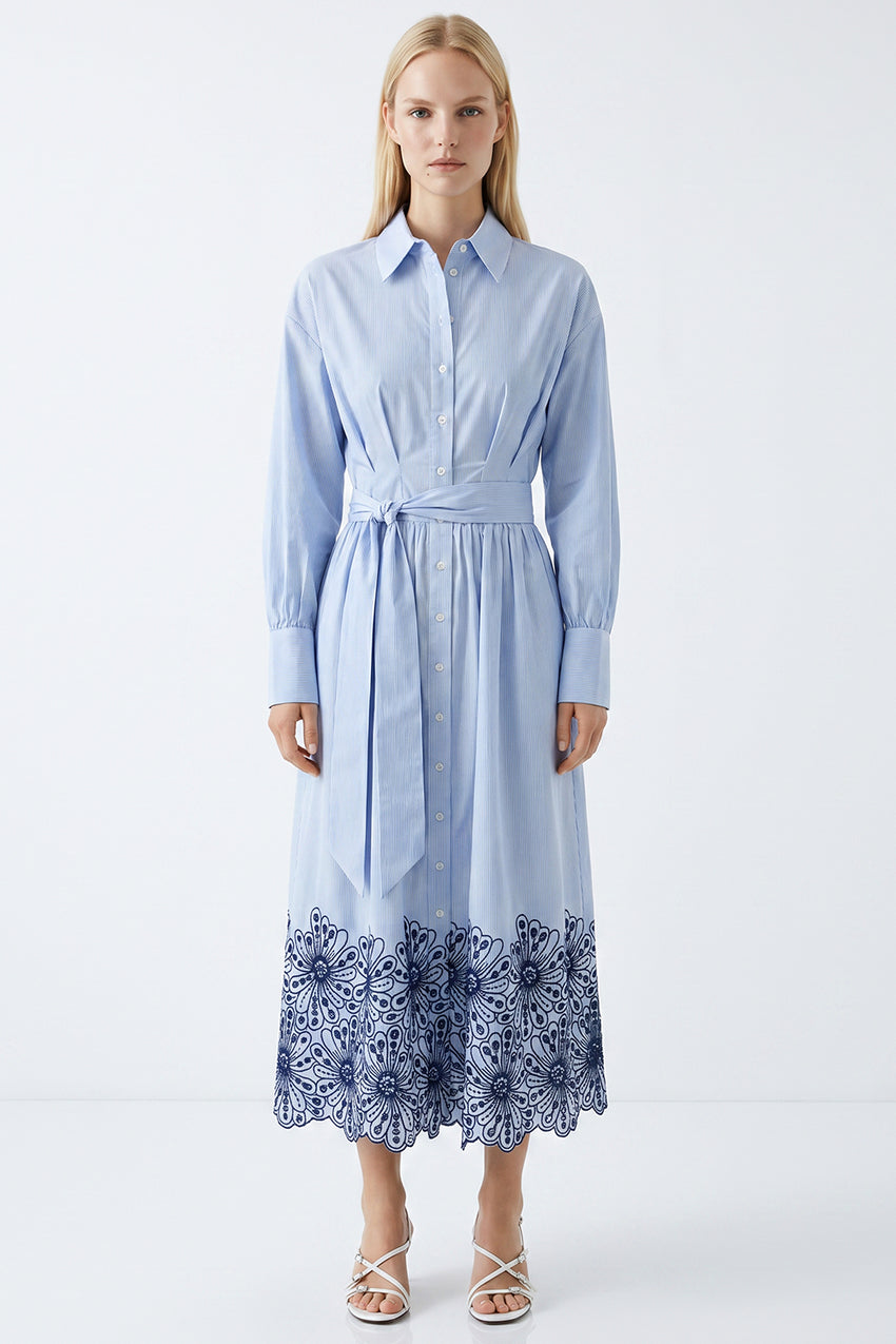 Long Sleeve Broderie Hem Belted Regular Midi Dress - BLUE  BONE