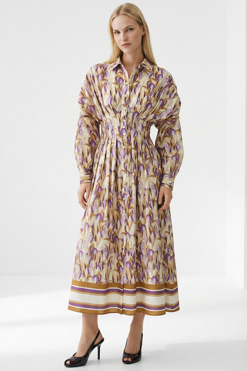 Long Sleeve Fitted Midi Shirt Dress - MULTI COLOR
