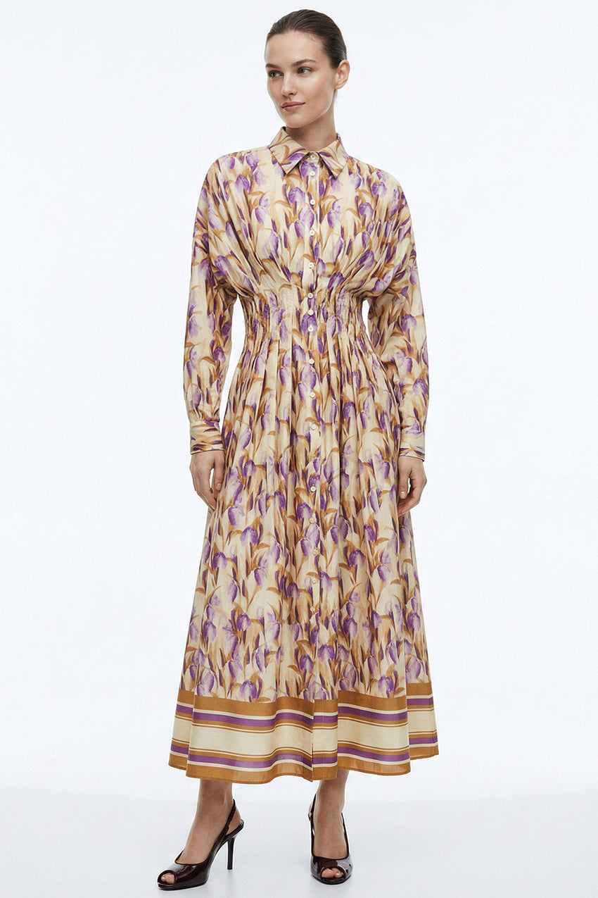 Long Sleeve Fitted Midi Shirt Dress - MULTI COLOR