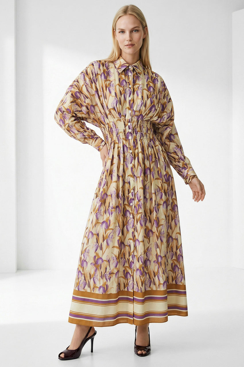 Long Sleeve Fitted Midi Shirt Dress - MULTI COLOR