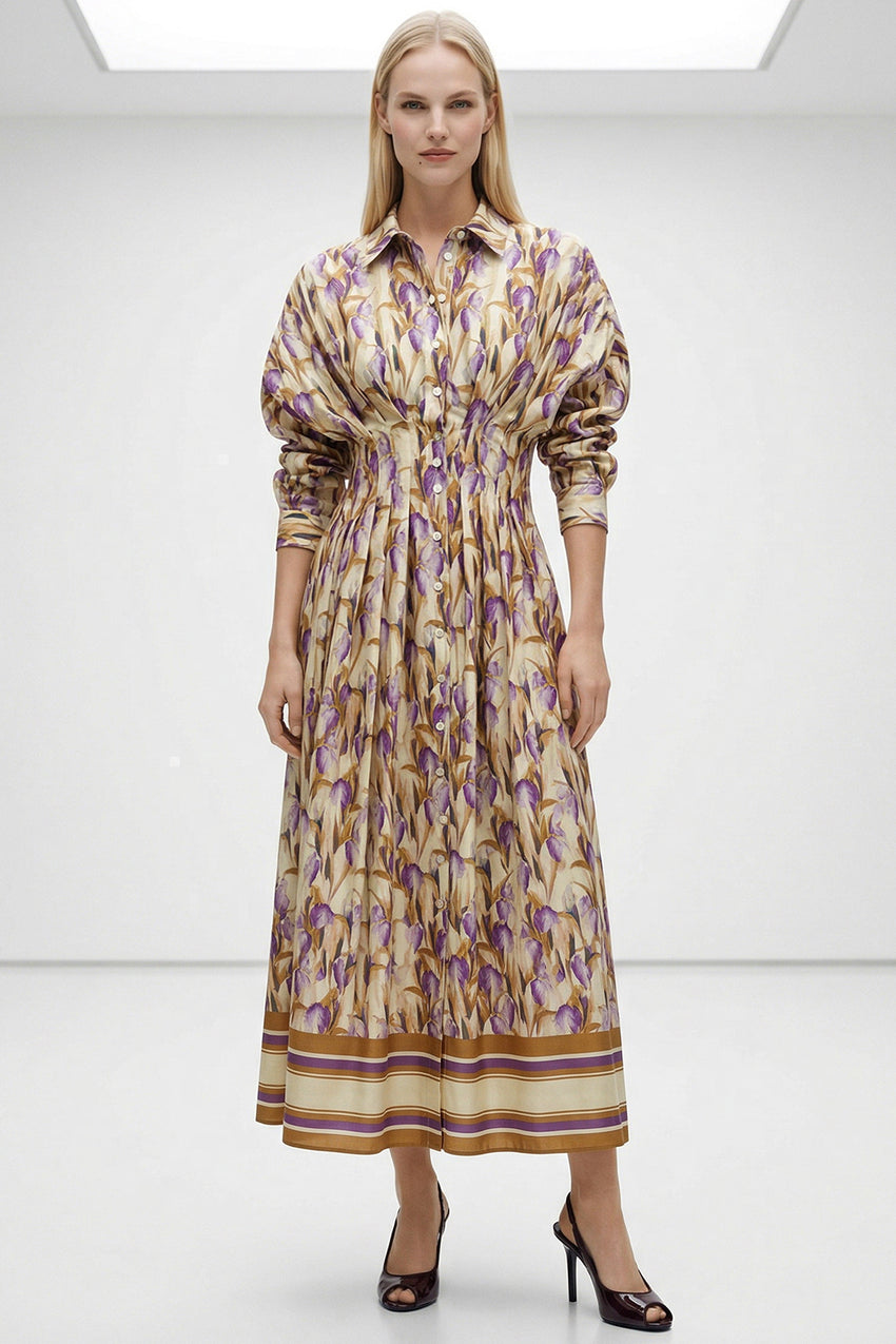 Long Sleeve Fitted Midi Shirt Dress - MULTI COLOR
