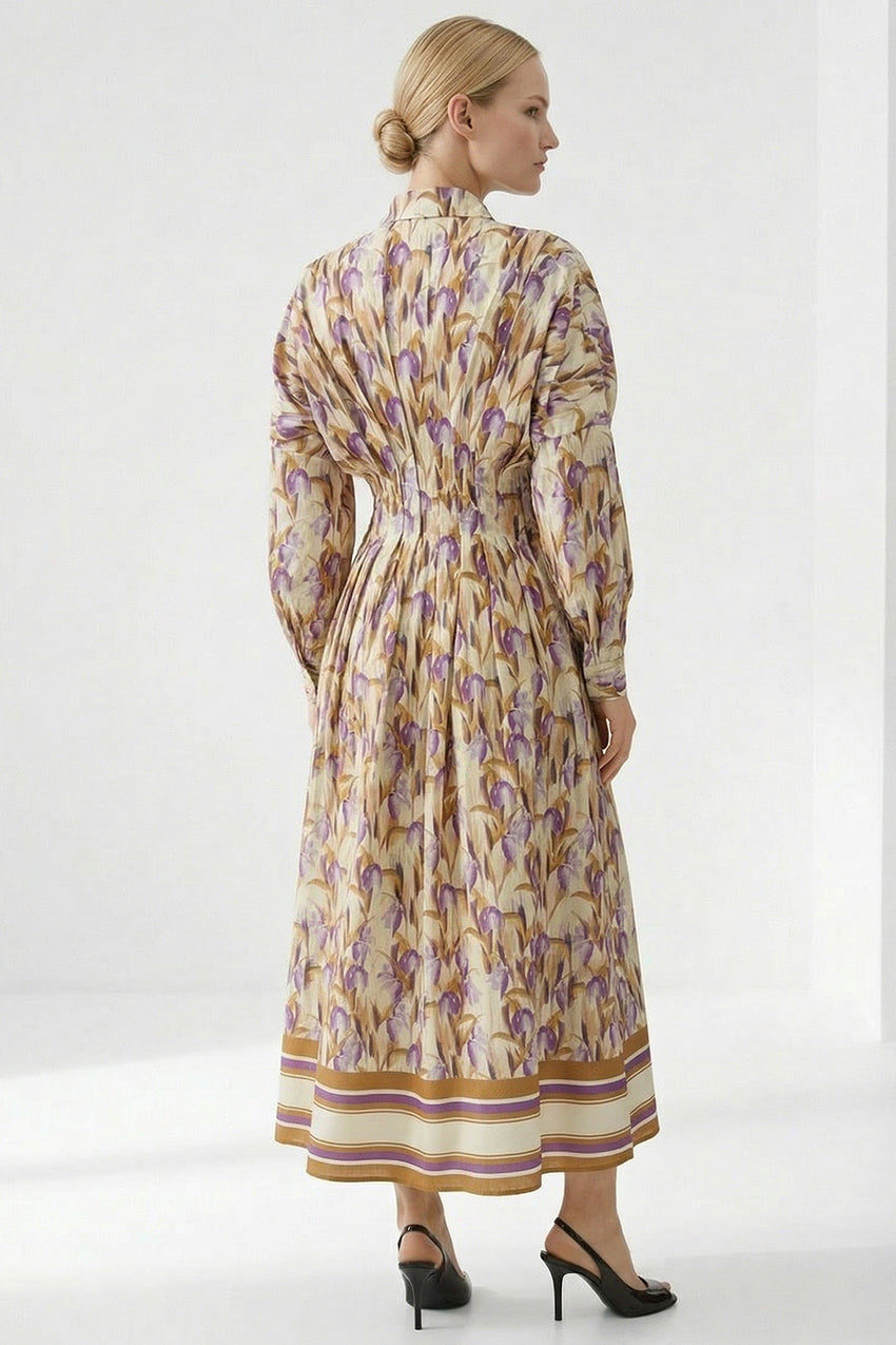 Long Sleeve Fitted Midi Shirt Dress - MULTI COLOR