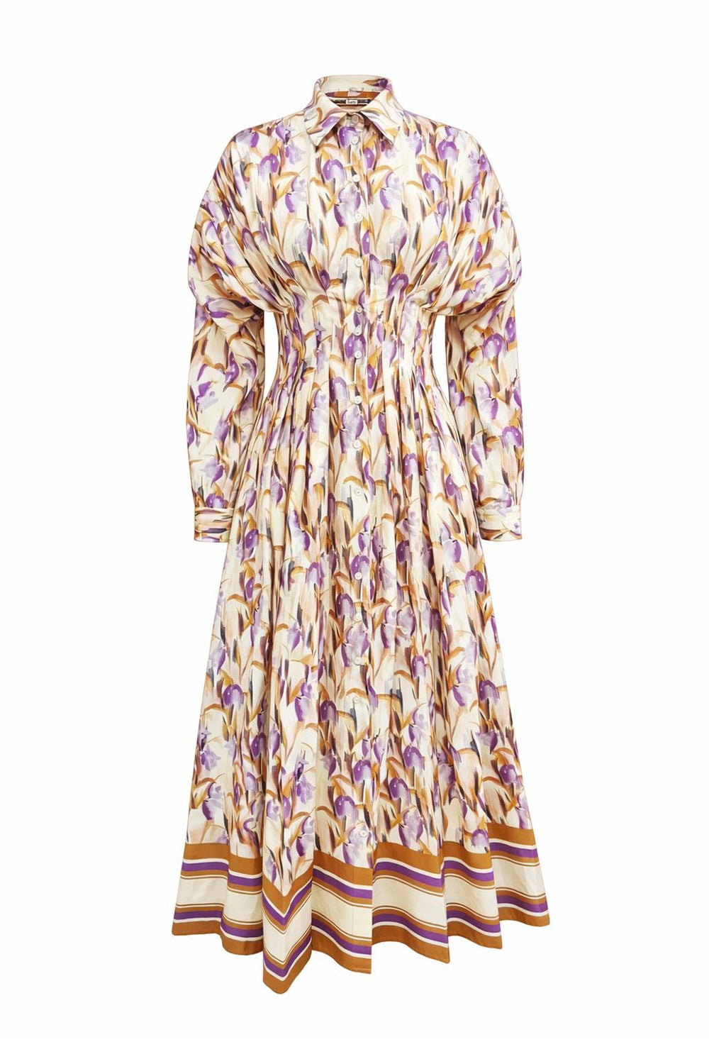 Long Sleeve Fitted Midi Shirt Dress - MULTI COLOR