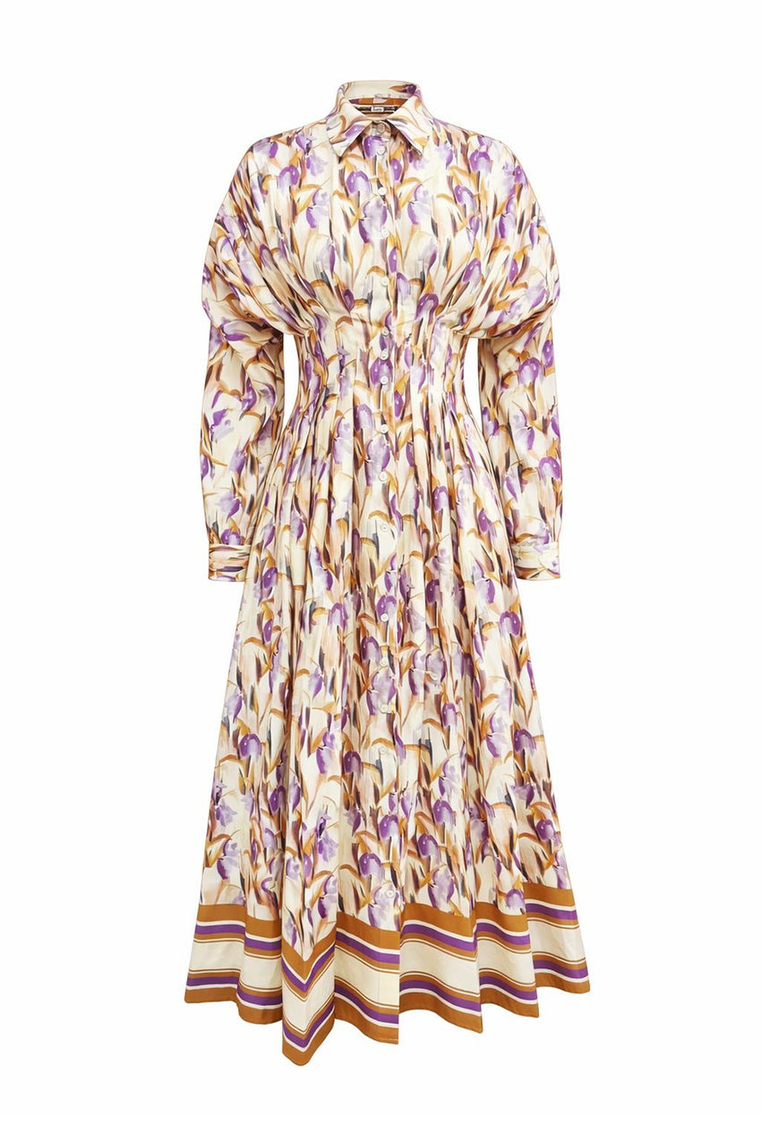Long Sleeve Fitted Midi Shirt Dress - MULTI COLOR