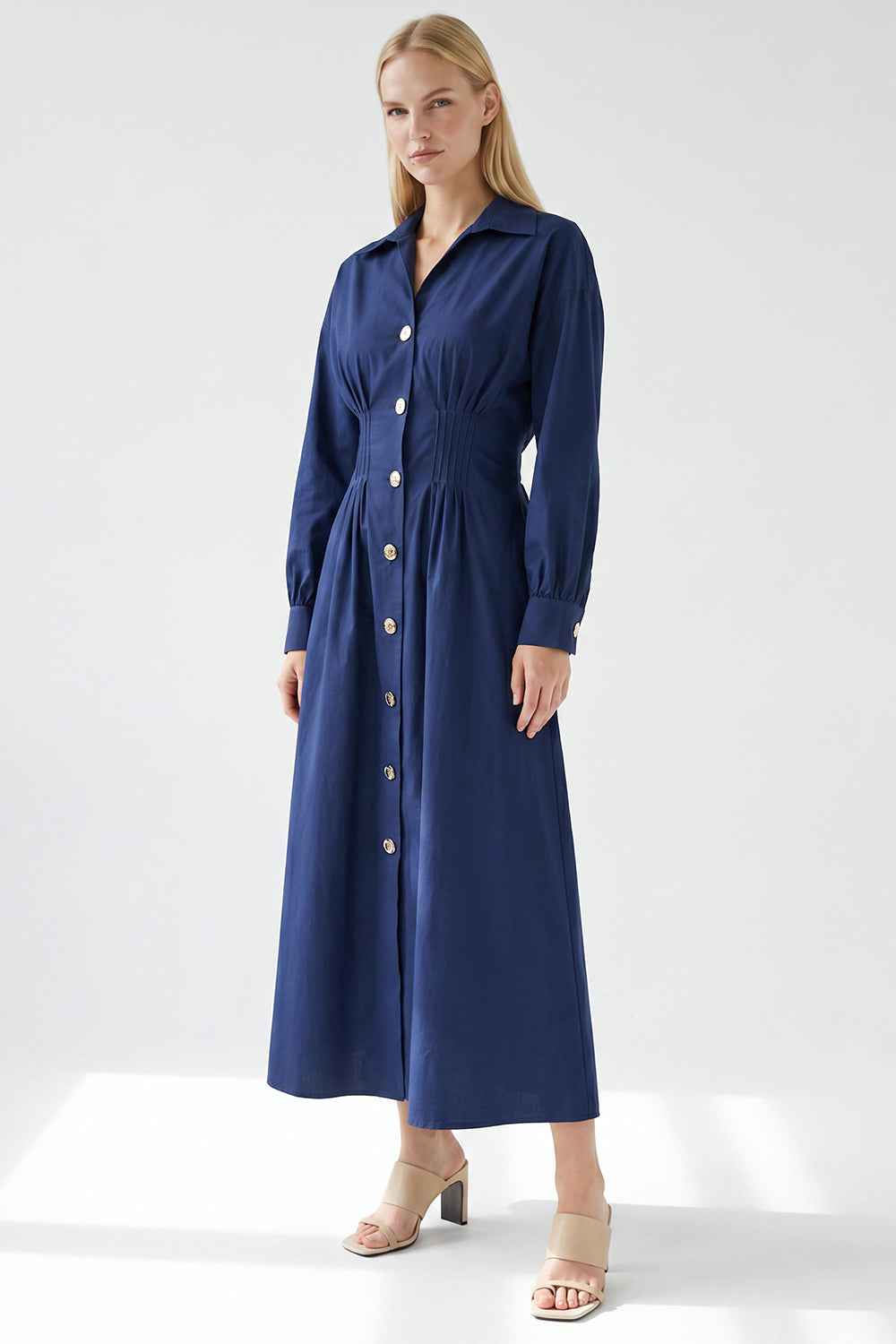 Long Sleeve Buttoned Midi Dress - NAVY BLUE