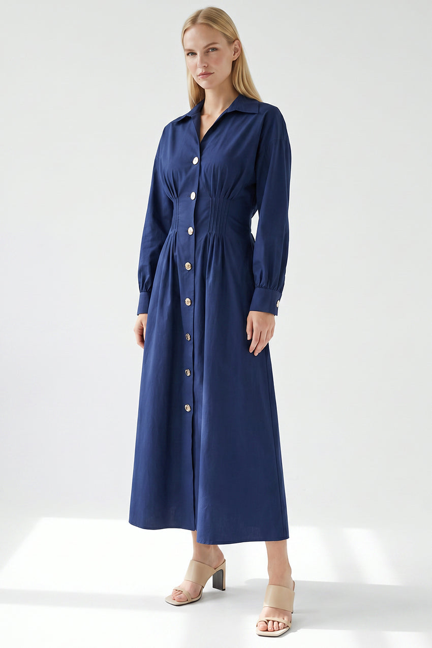 Long Sleeve Buttoned Midi Dress - NAVY BLUE