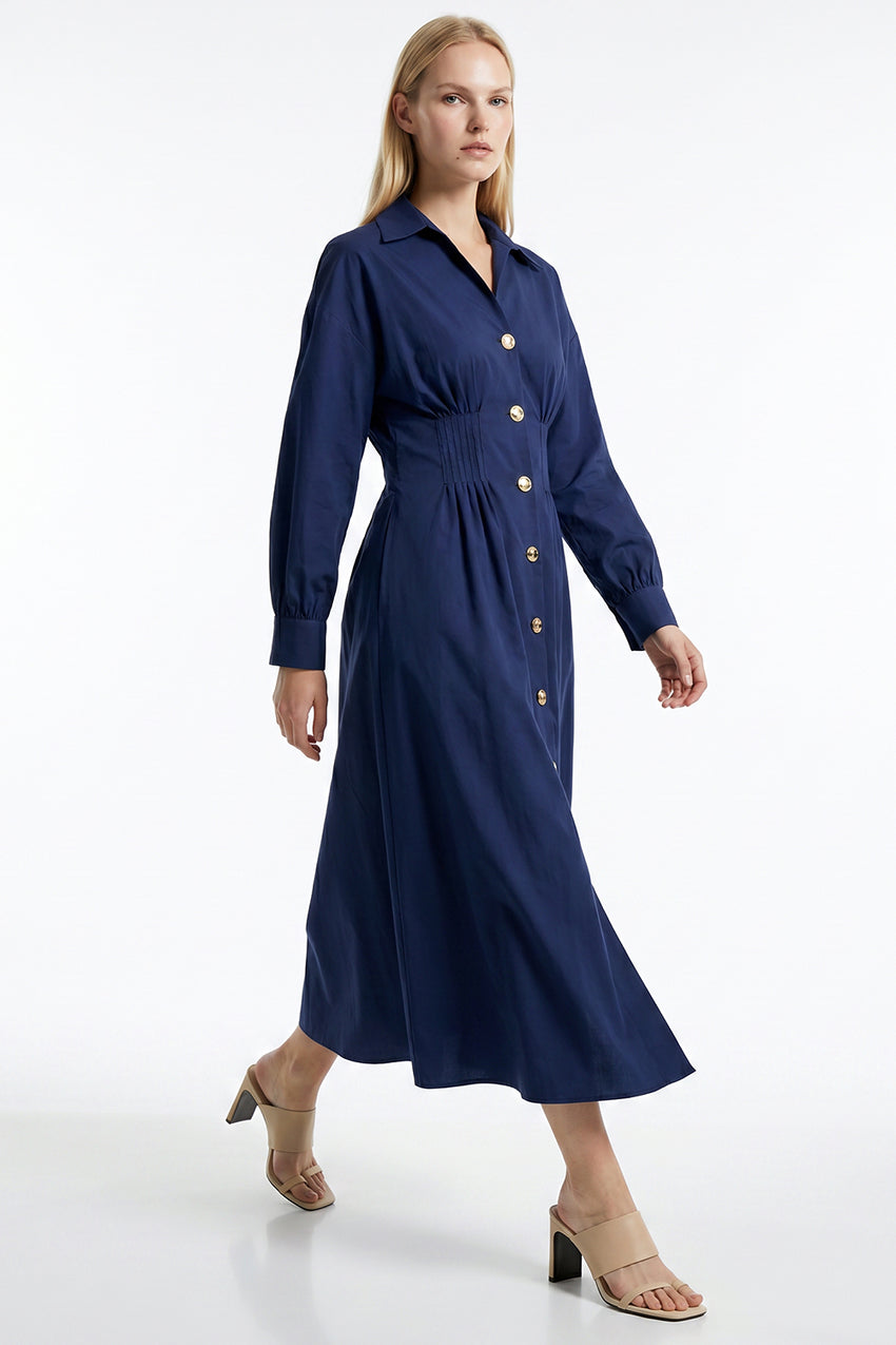 Long Sleeve Buttoned Midi Dress - NAVY BLUE