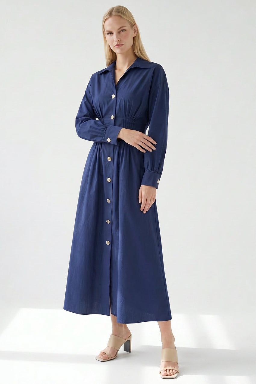 Long Sleeve Buttoned Midi Dress - NAVY BLUE