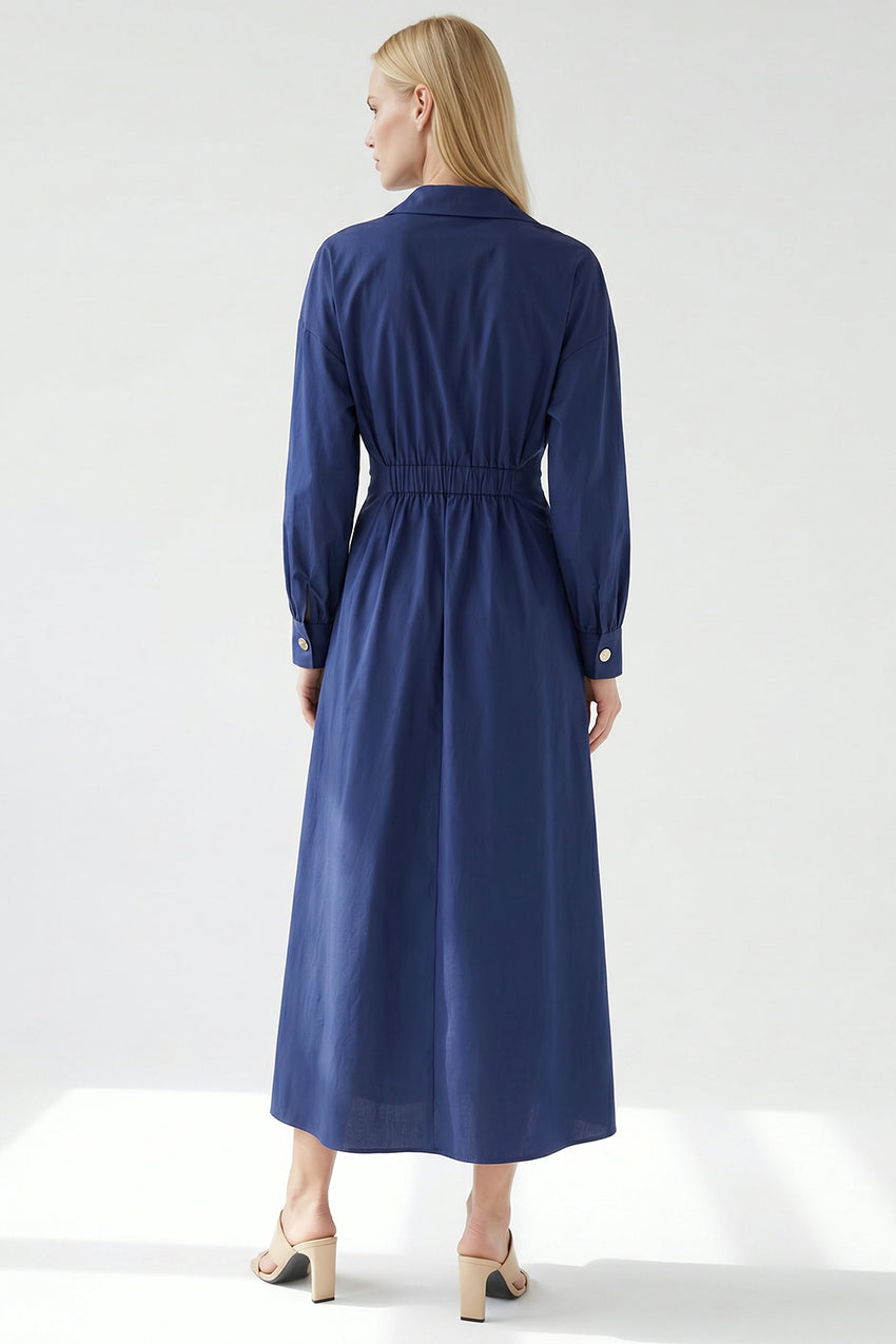Long Sleeve Buttoned Midi Dress - NAVY BLUE