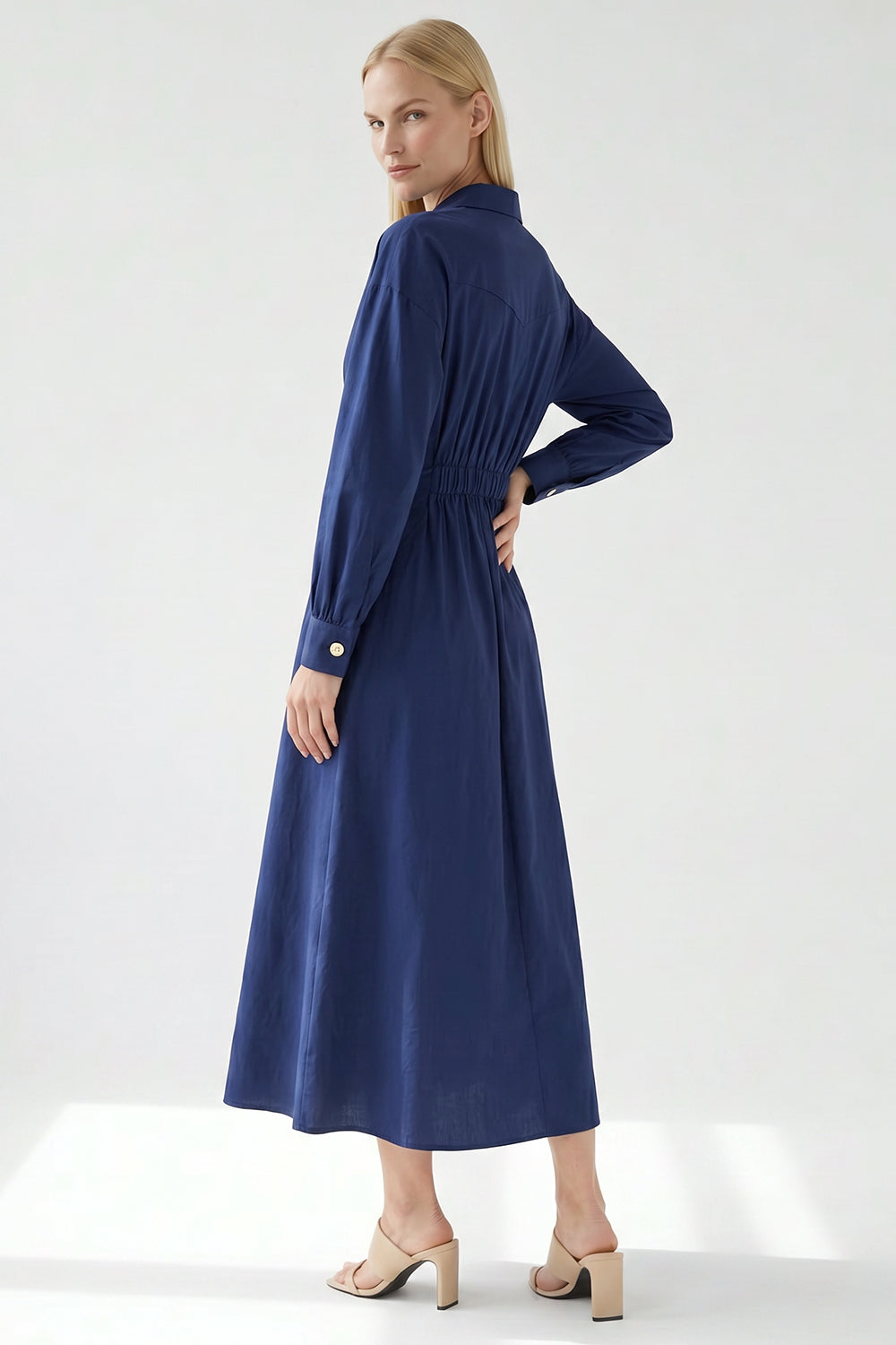 Long Sleeve Buttoned Midi Dress - NAVY BLUE