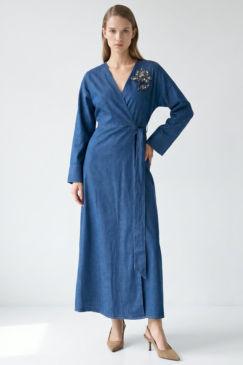 Embroidered Wrap Midi Dress with Long Sleeves and Belt - INDIGO