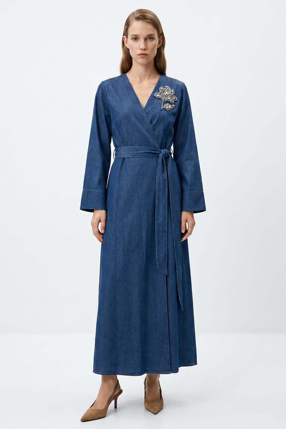 Embroidered Wrap Midi Dress with Long Sleeves and Belt - INDIGO
