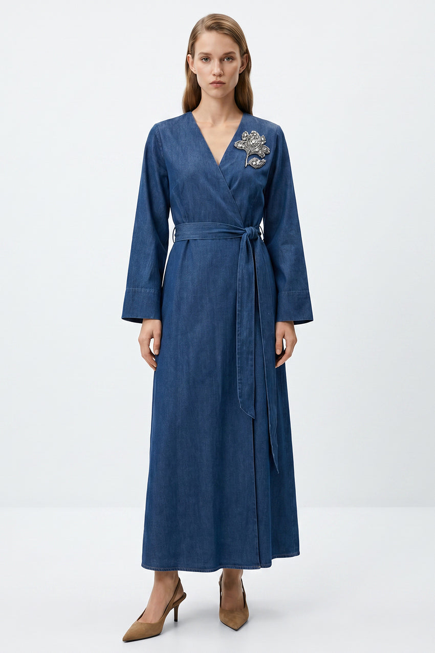 Embroidered Wrap Midi Dress with Long Sleeves and Belt - INDIGO
