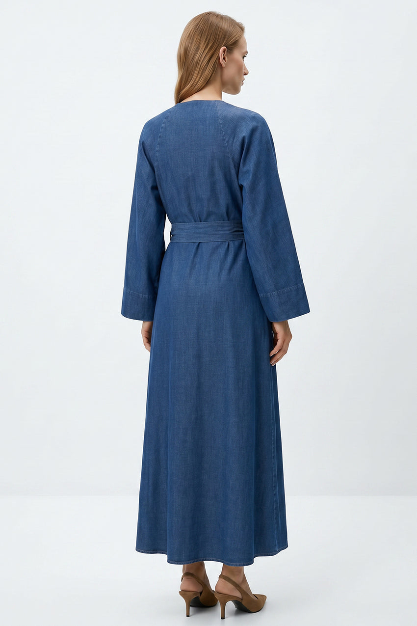 Embroidered Wrap Midi Dress with Long Sleeves and Belt - INDIGO