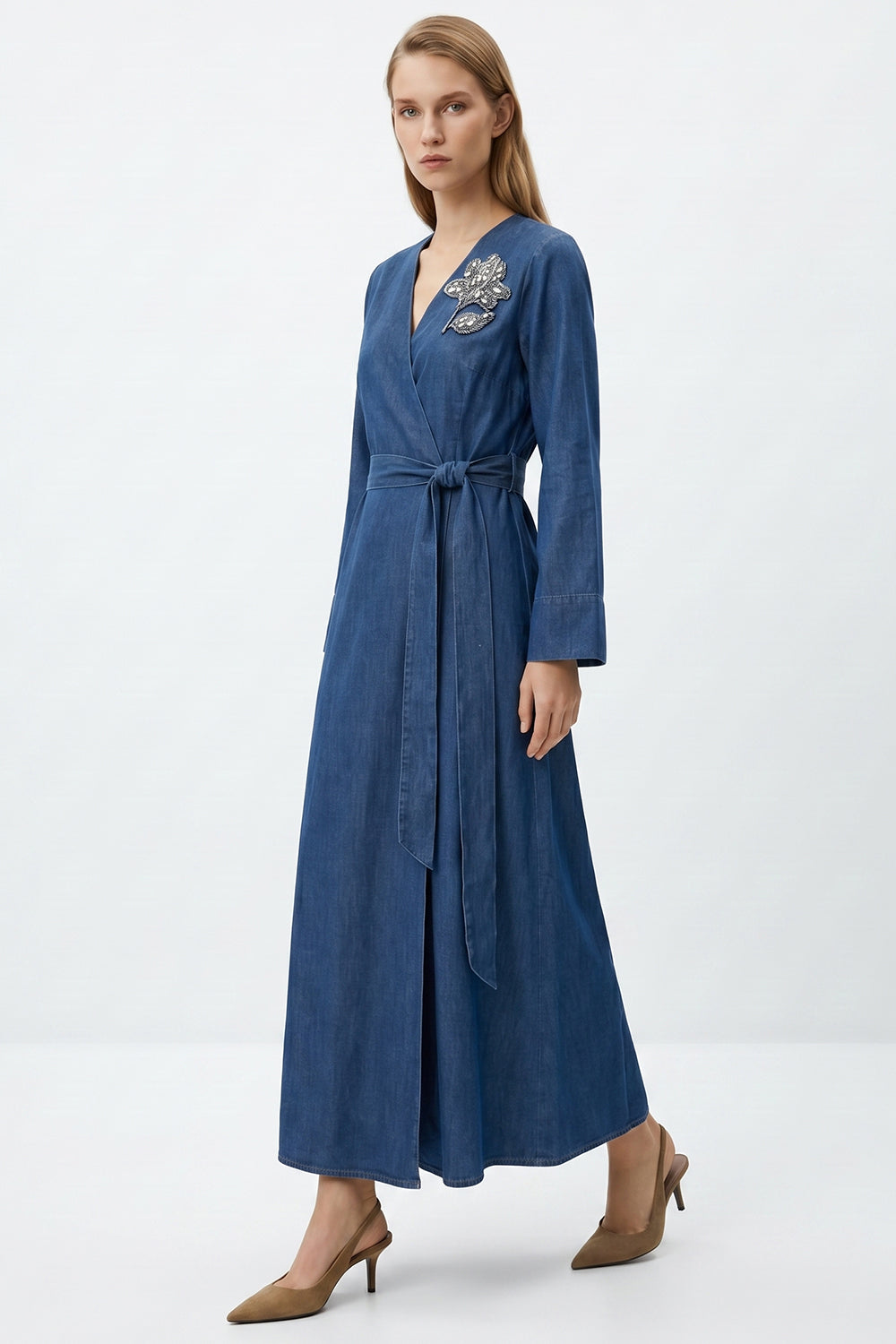 Embroidered Wrap Midi Dress with Long Sleeves and Belt - INDIGO