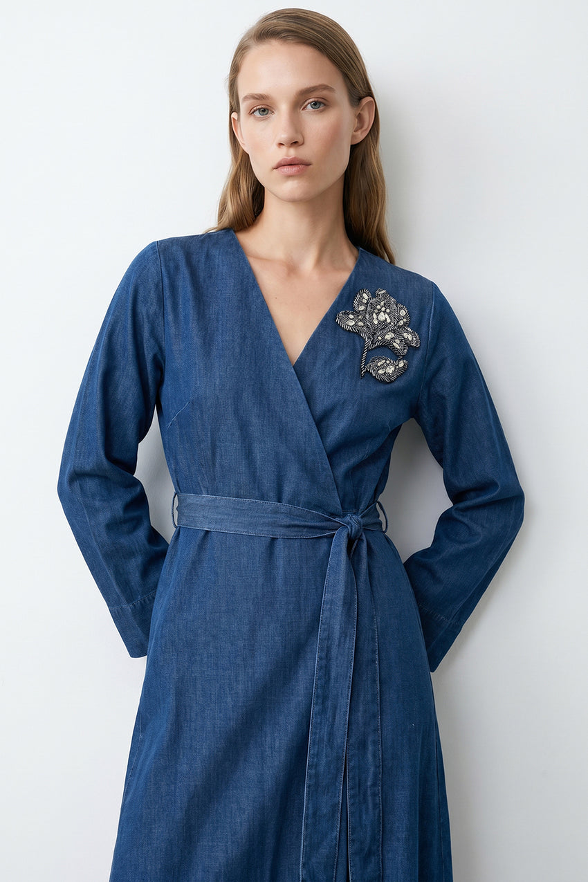 Embroidered Wrap Midi Dress with Long Sleeves and Belt - INDIGO