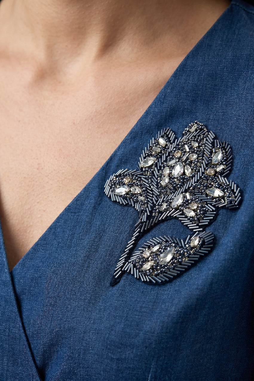 Embroidered Wrap Midi Dress with Long Sleeves and Belt - INDIGO