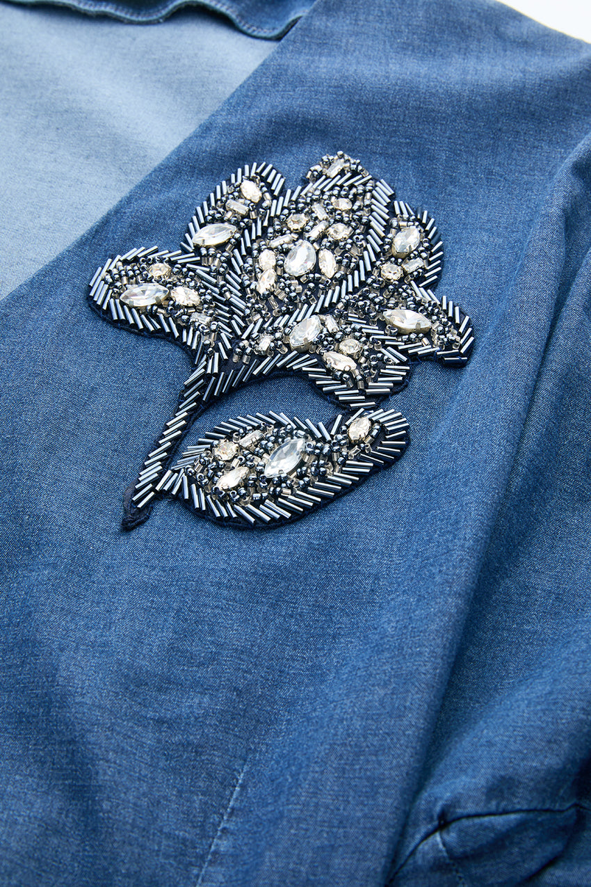 Embroidered Wrap Midi Dress with Long Sleeves and Belt - INDIGO