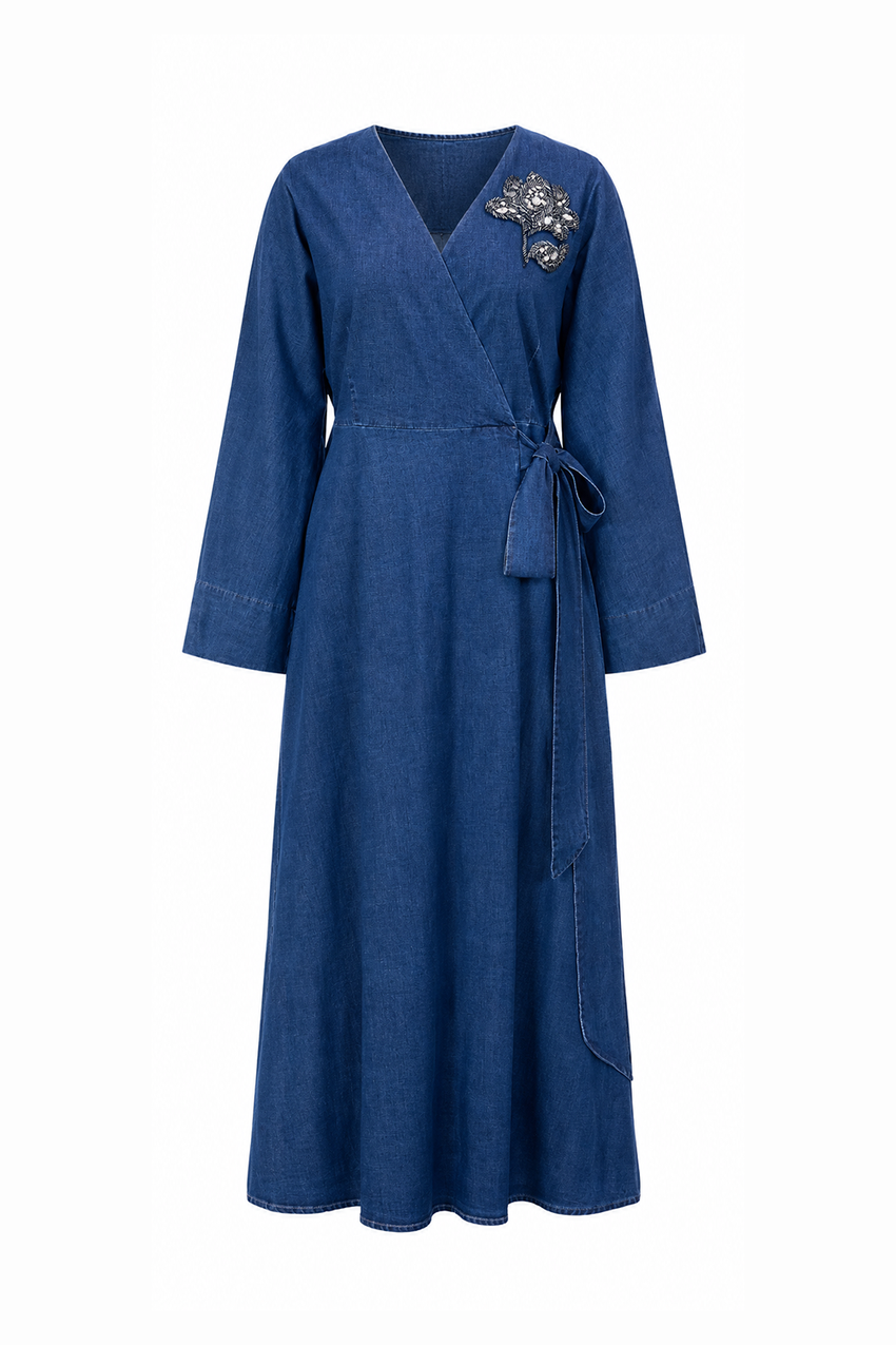 Embroidered Wrap Midi Dress with Long Sleeves and Belt - INDIGO