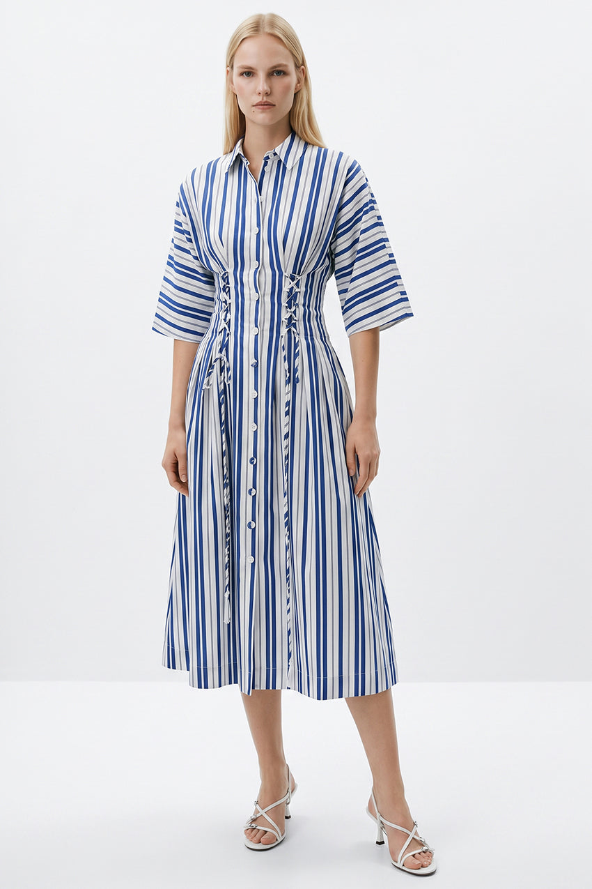 Three Quarter Sleeve Tie Detail Regular Midi Dress - SAX