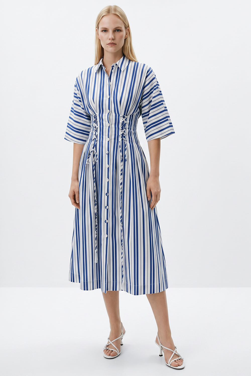 Three Quarter Sleeve Tie Detail Regular Midi Dress - SAX