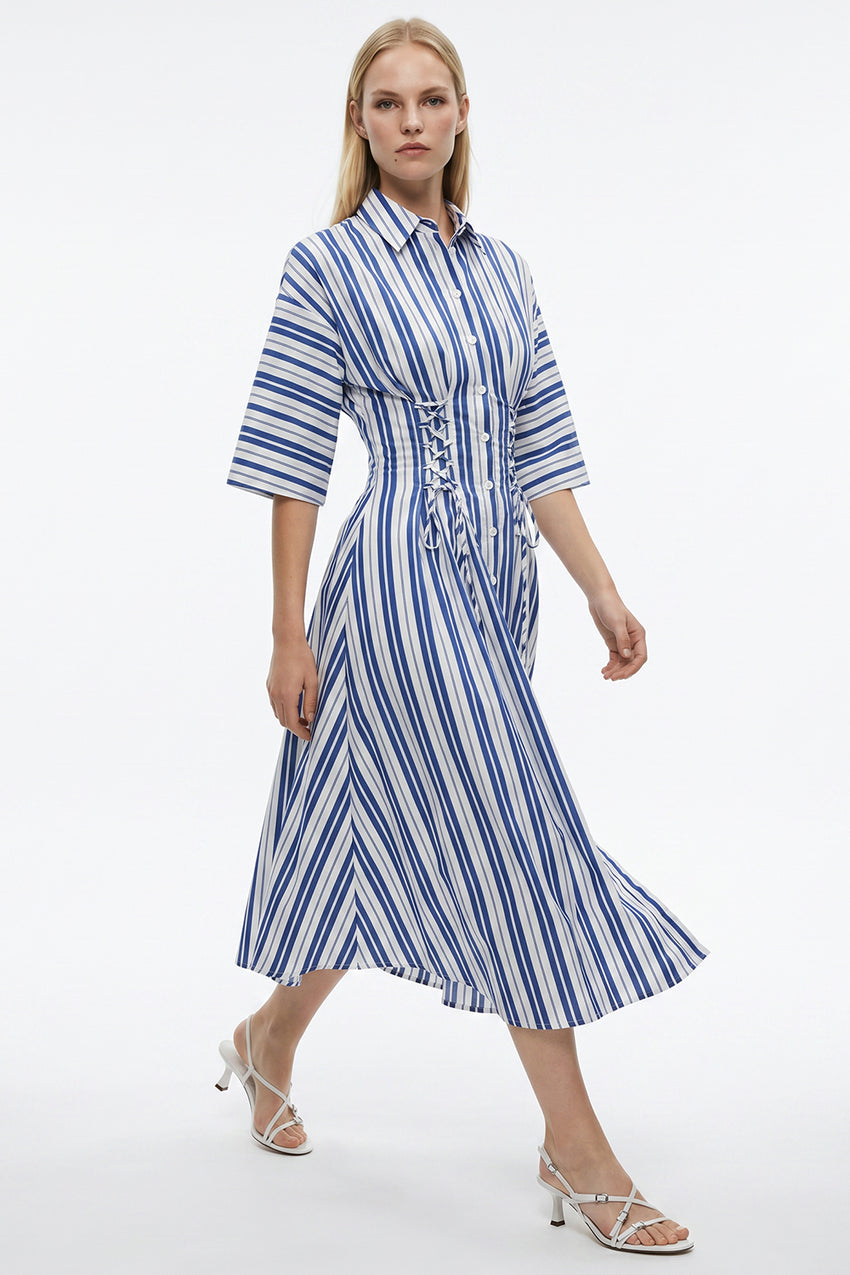 Three Quarter Sleeve Tie Detail Regular Midi Dress - SAX