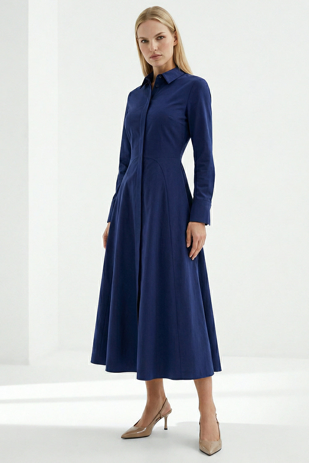 Long Sleeve Fitted Midi Shirt Dress - NAVY