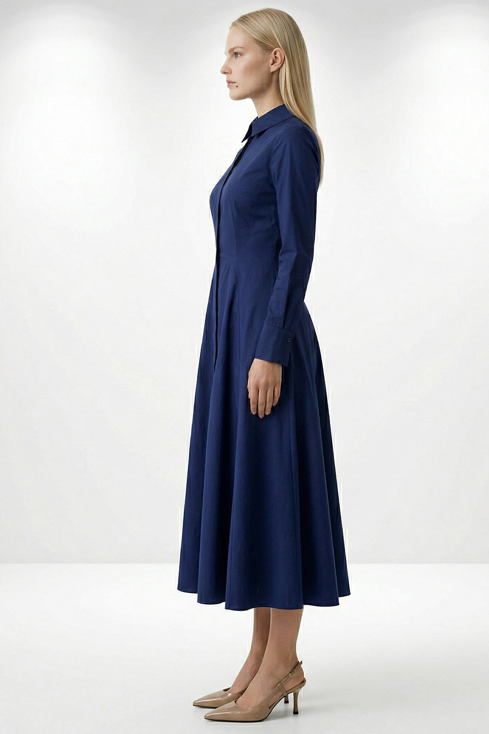 Long Sleeve Fitted Midi Shirt Dress - NAVY