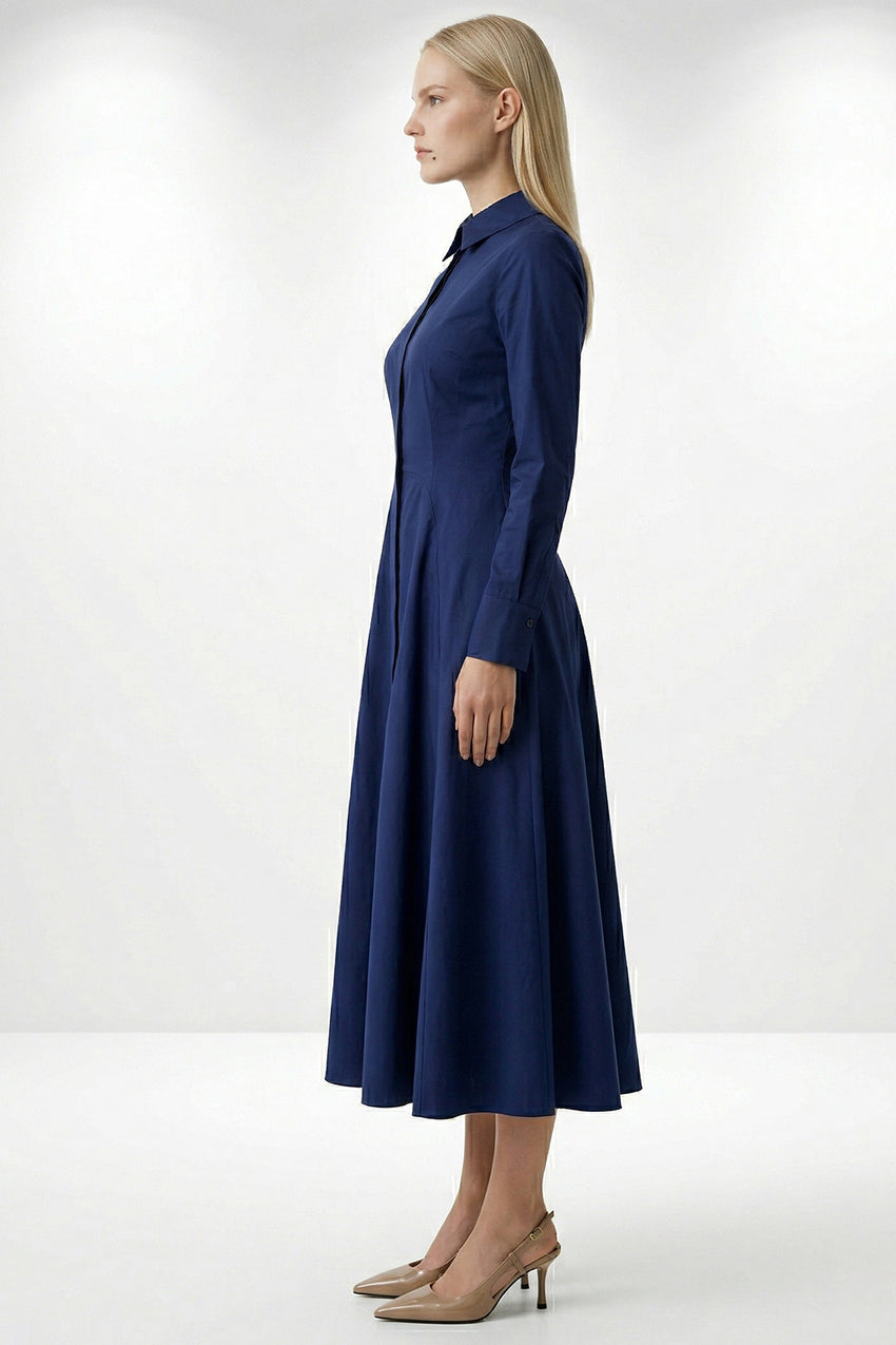 Long Sleeve Fitted Midi Shirt Dress - NAVY