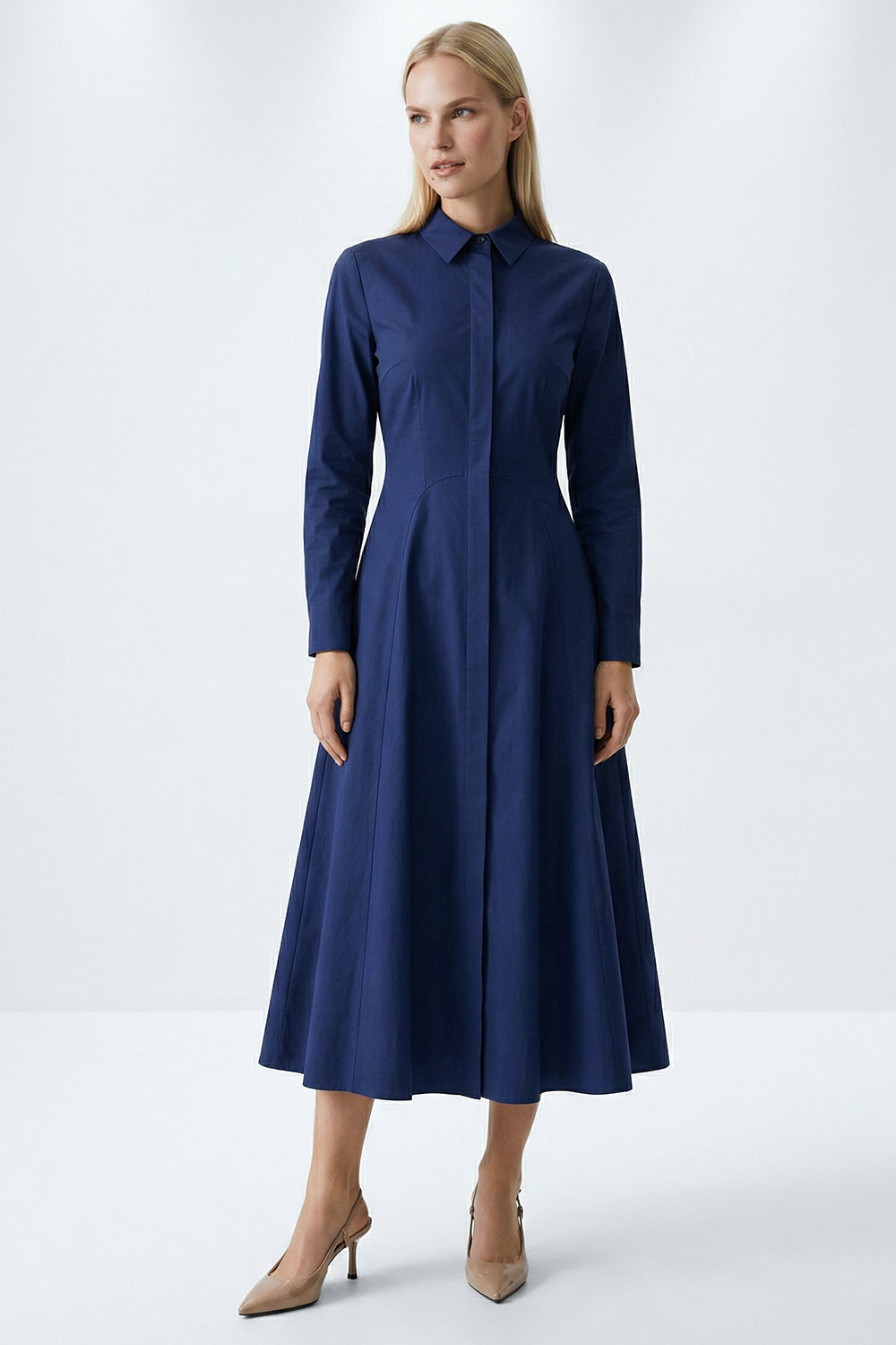 Long Sleeve Fitted Midi Shirt Dress - NAVY