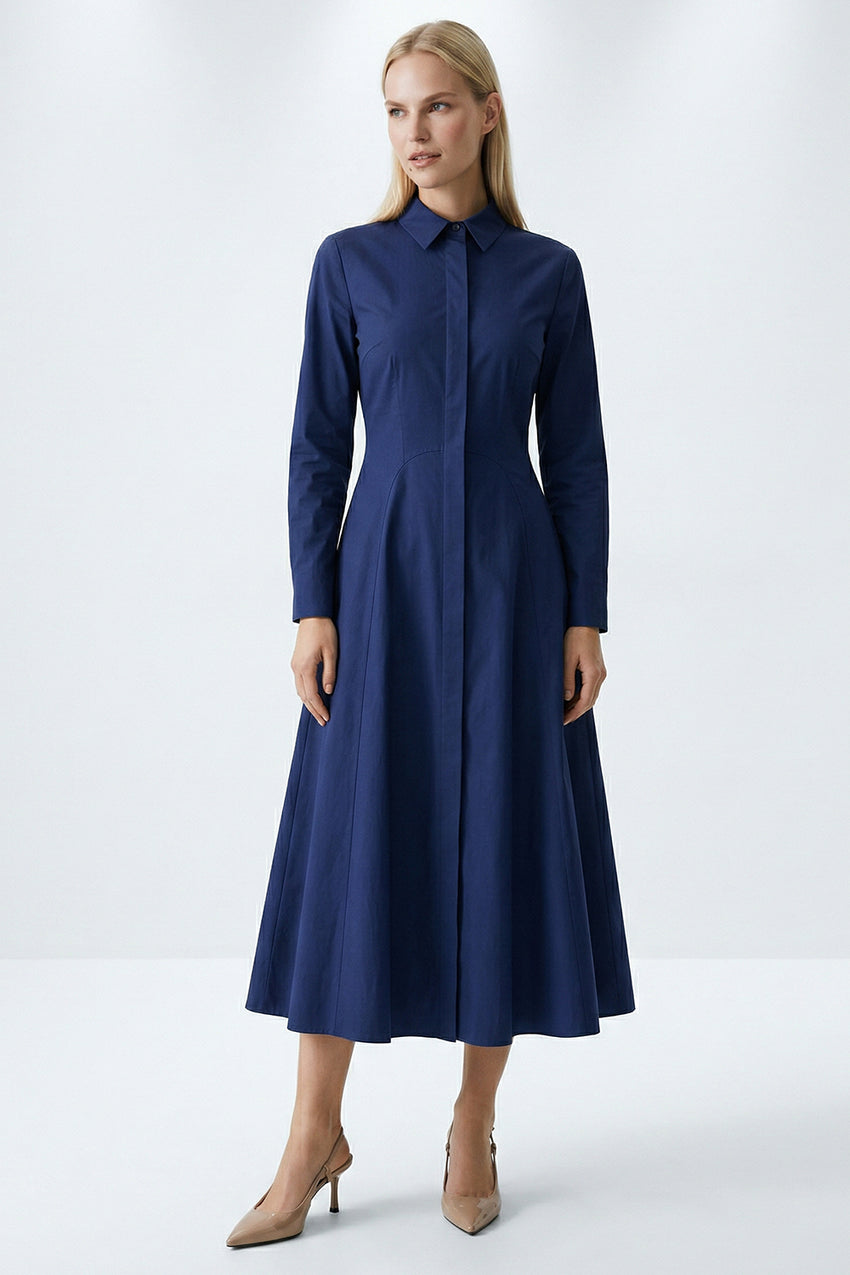 Long Sleeve Fitted Midi Shirt Dress - NAVY