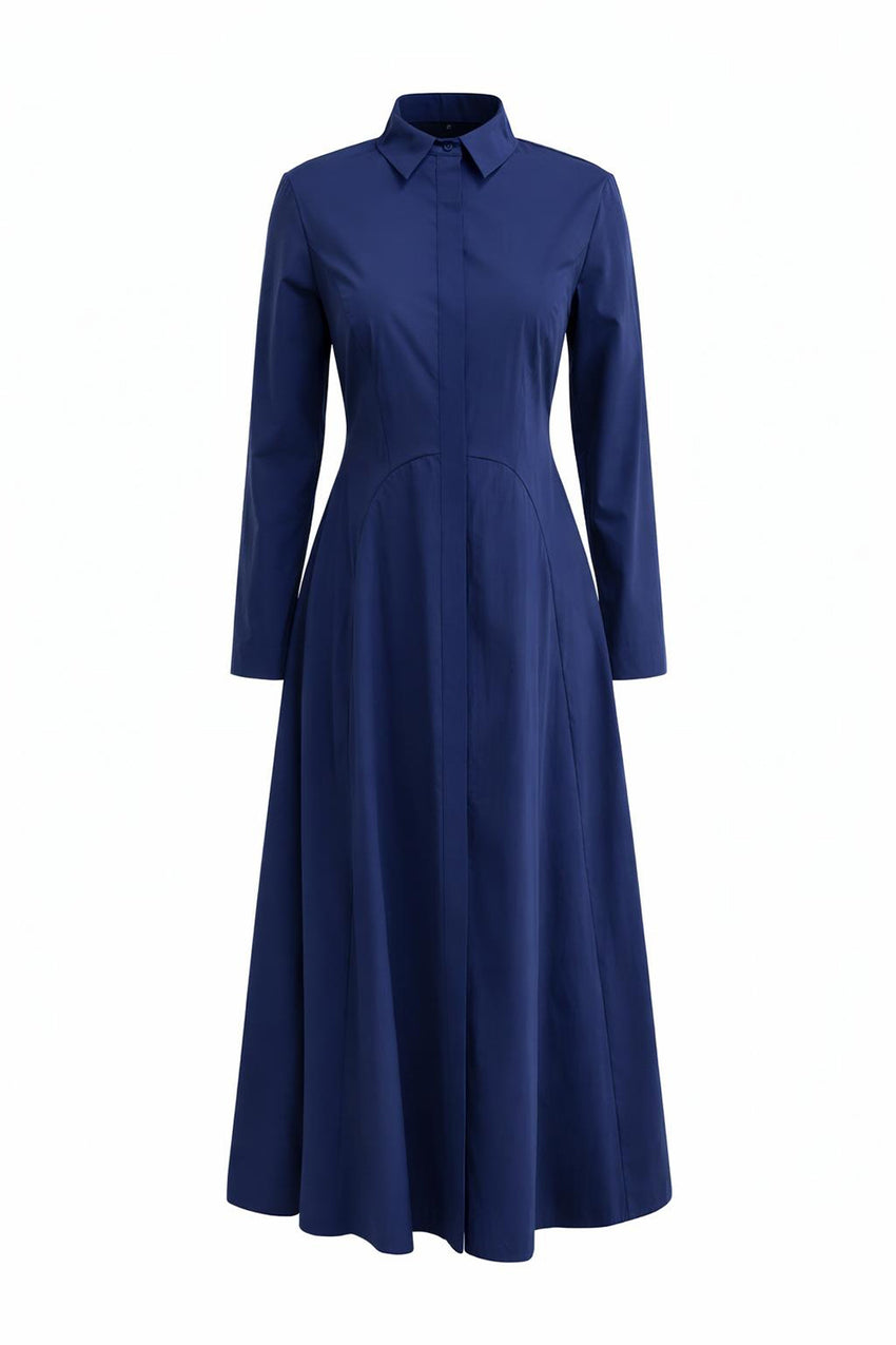 Long Sleeve Fitted Midi Shirt Dress - NAVY