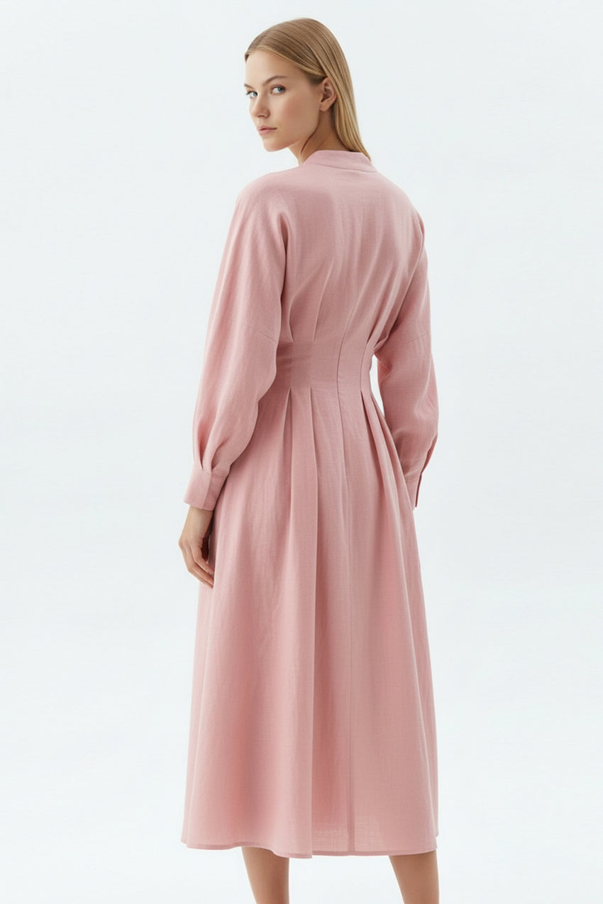 Slim V Neck Long Sleeve Linen Midi Dress - PINK