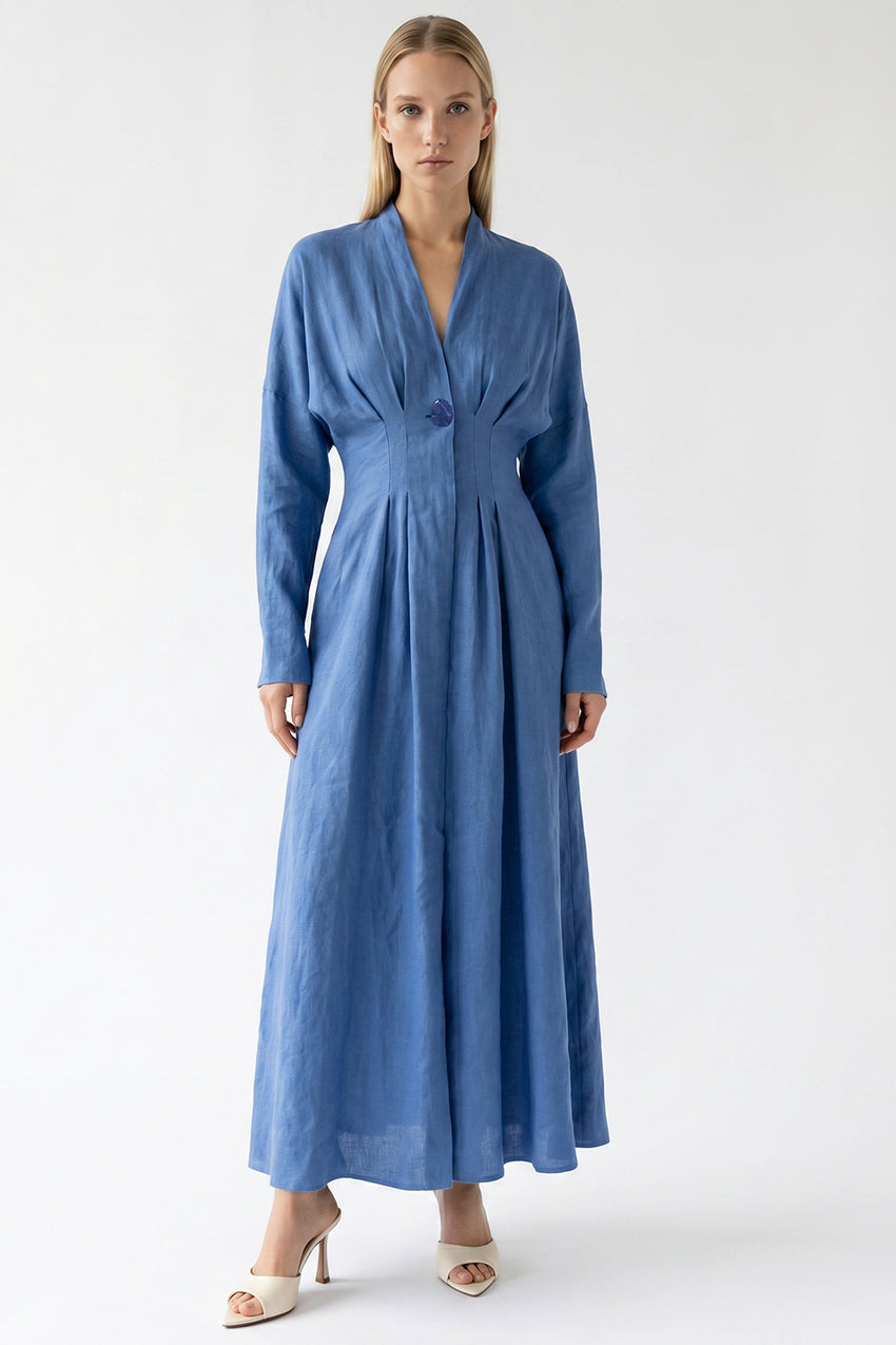 Garlyn Slim V Neck Long Sleeve Linen Midi Dress - Blue