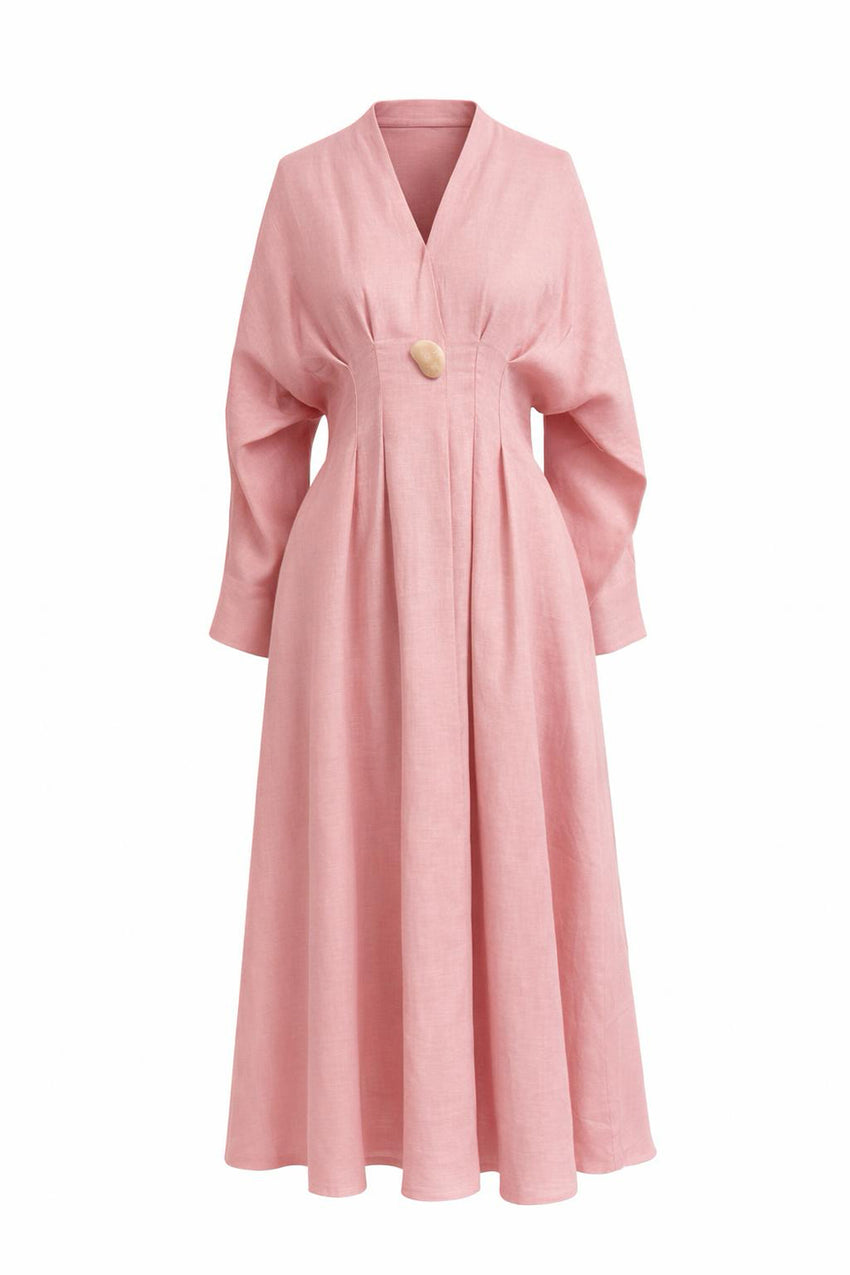 Slim V Neck Long Sleeve Linen Midi Dress - PINK
