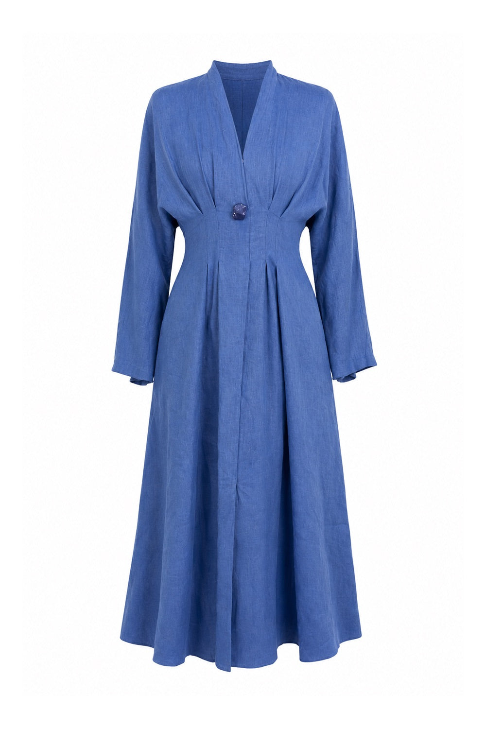 Garlyn Slim V Neck Long Sleeve Linen Midi Dress - Blue