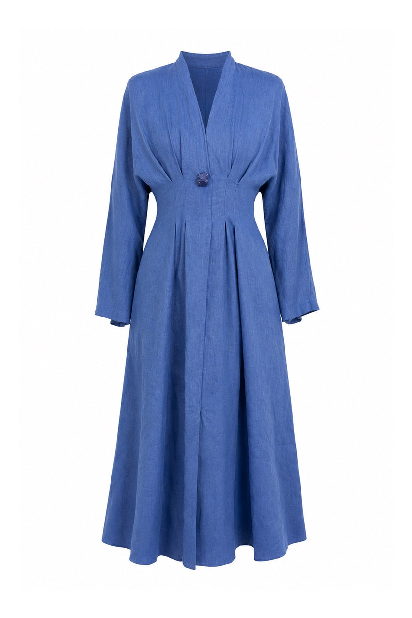 Garlyn Slim V Neck Long Sleeve Linen Midi Dress - Blue