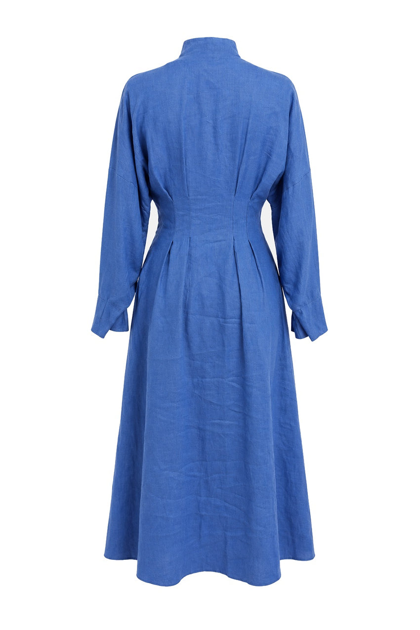 Garlyn Slim V Neck Long Sleeve Linen Midi Dress - Blue