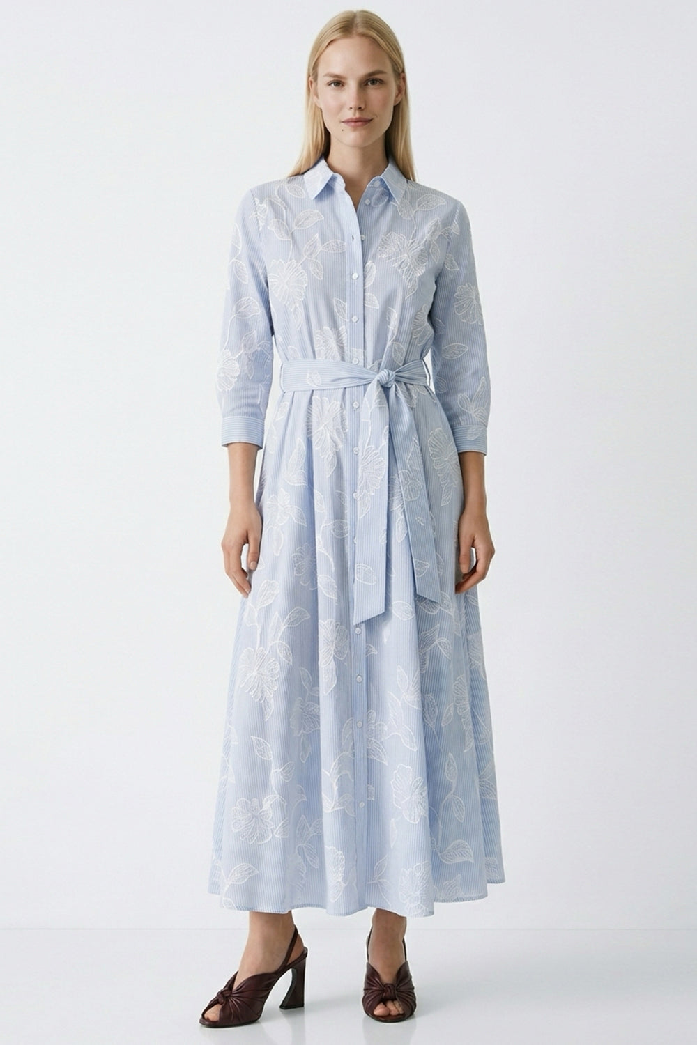 Three Quarter Sleeve Jacquard Midi Shirt Dress - BLUE-WHITE